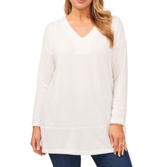 Vince Camuto Ribbed V-Neck Top‎ New Ivory XL - Picture 1 of 6